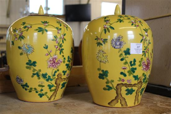 Pair Chinese yellow ground jars(-)